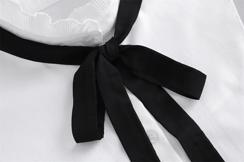 White Cotton Fake Collar Blouse with Black Bow — feature 16