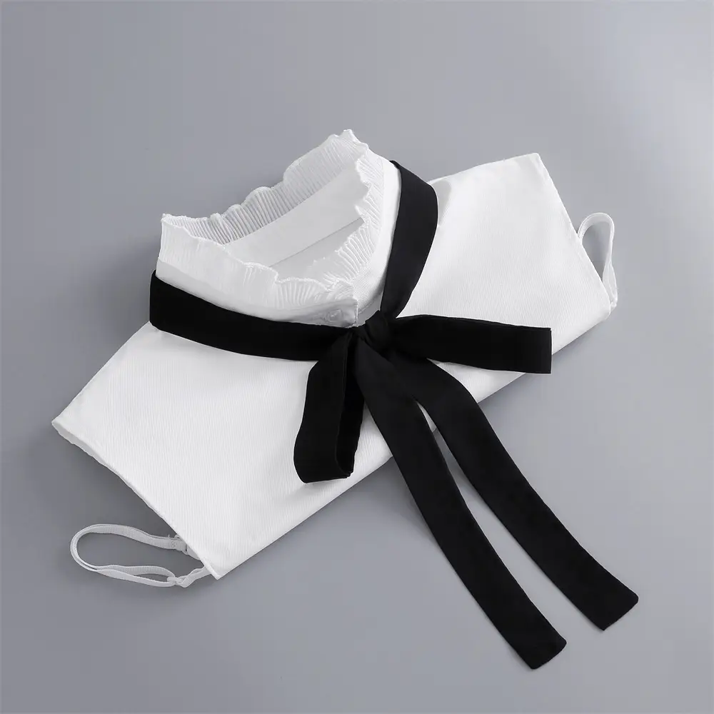 White Cotton Fake Collar Blouse with Black Bow — feature 17