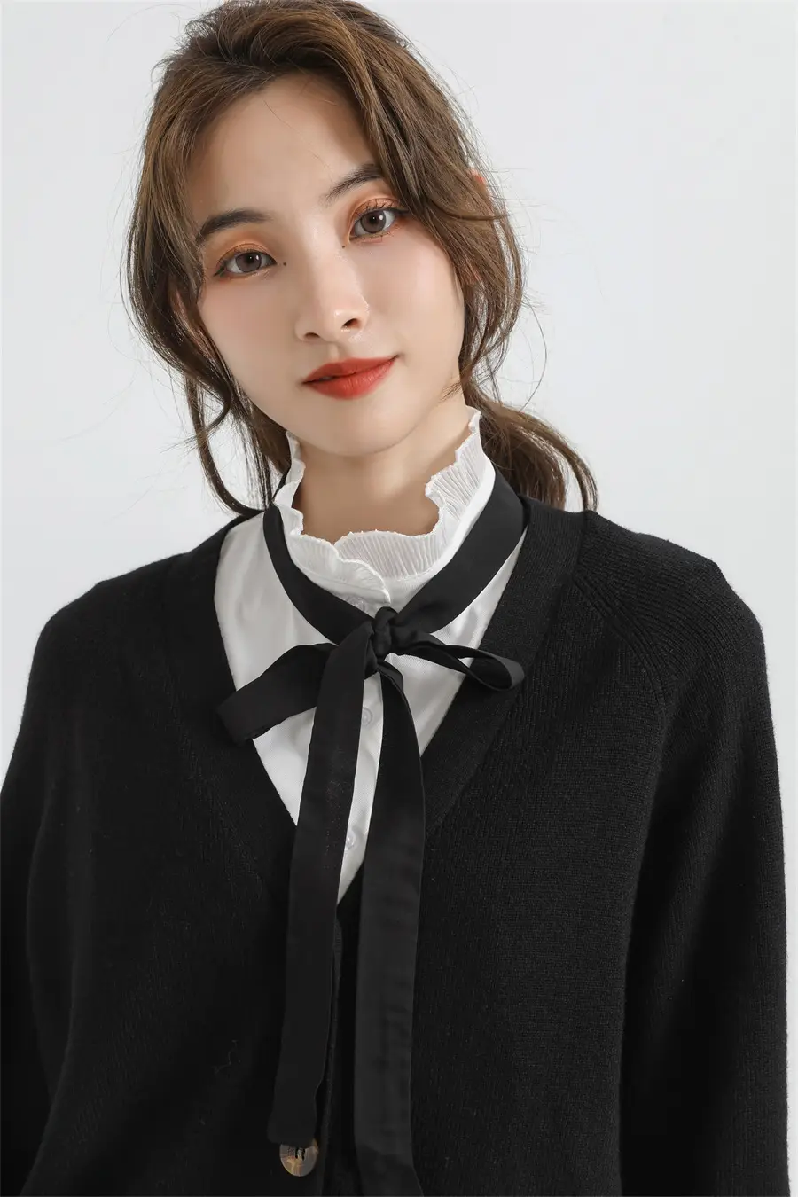 White Cotton Fake Collar Blouse with Black Bow — feature 23