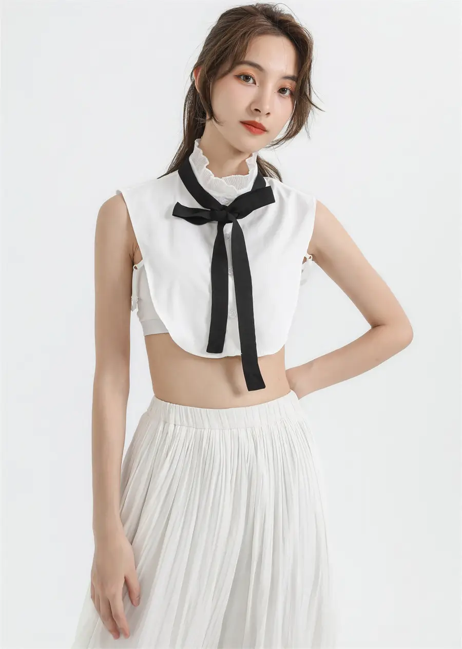 White Cotton Fake Collar Blouse with Black Bow — feature 25
