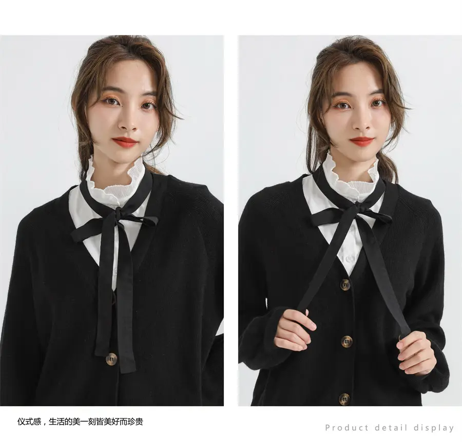 White Cotton Fake Collar Blouse with Black Bow — feature 28