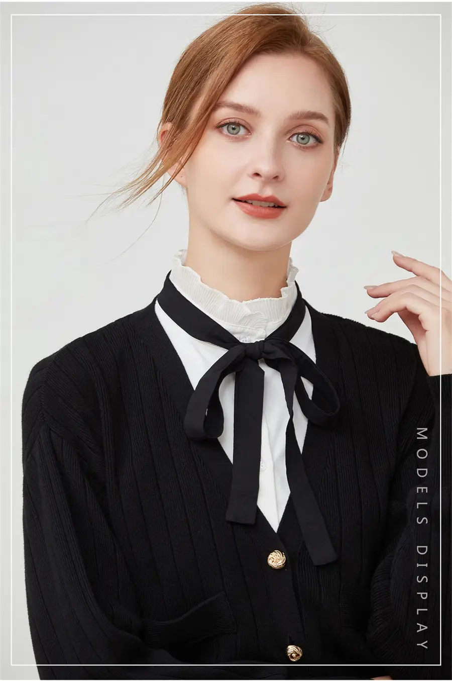 White Cotton Fake Collar Blouse with Black Bow — feature 3