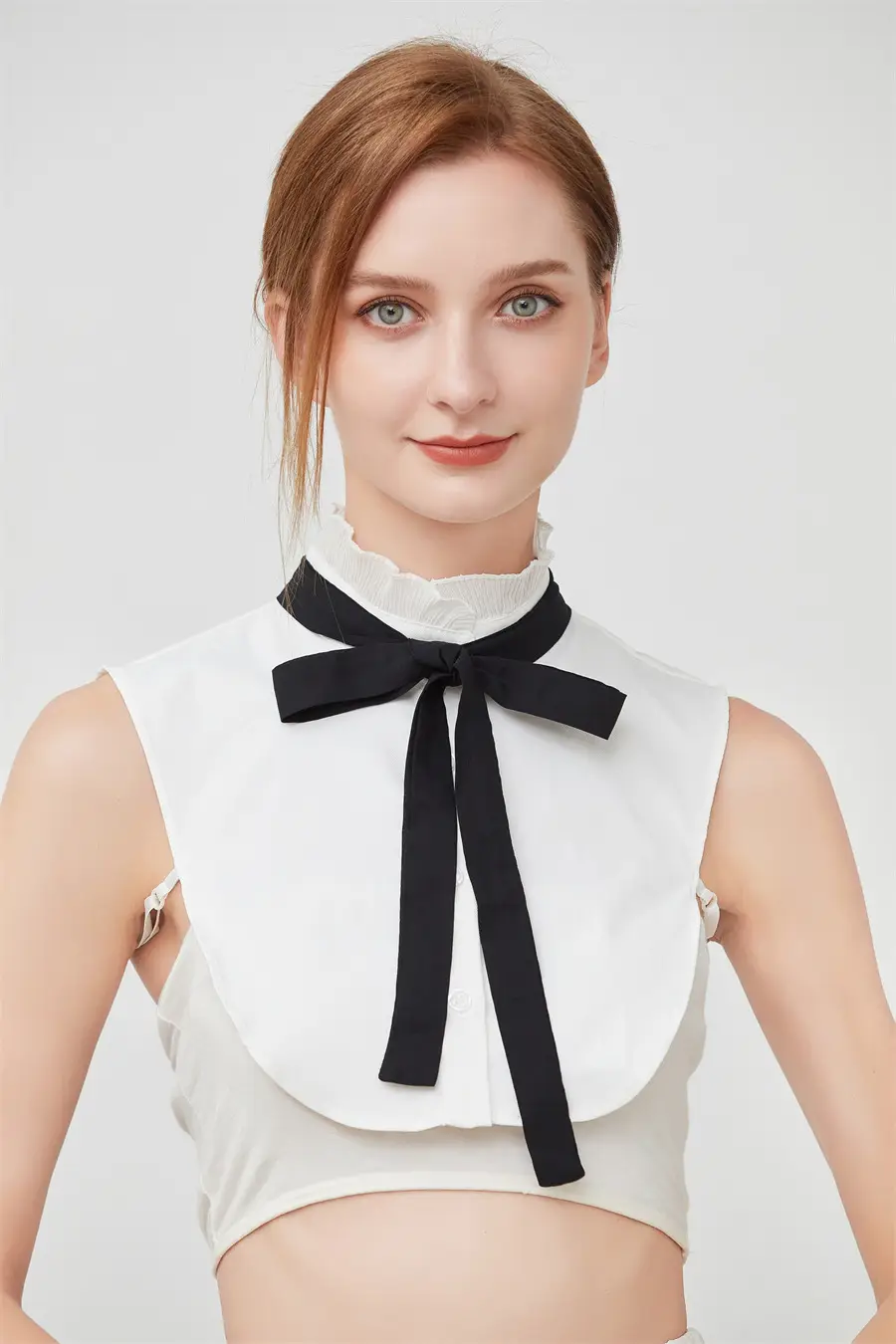 White Cotton Fake Collar Blouse with Black Bow — feature 5