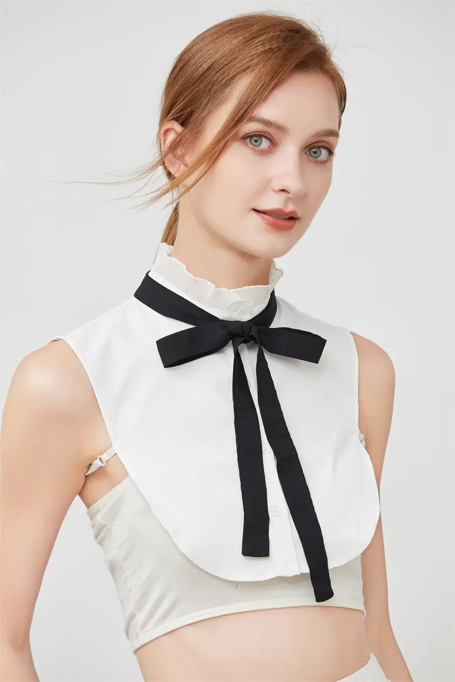 White Cotton Fake Collar Blouse with Black Bow — feature 6