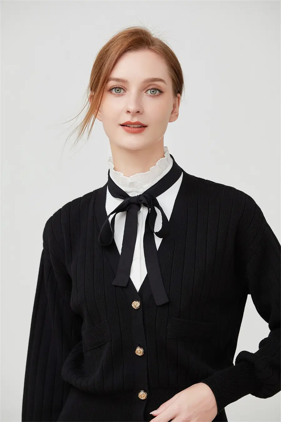 White Cotton Fake Collar Blouse with Black Bow — feature 8