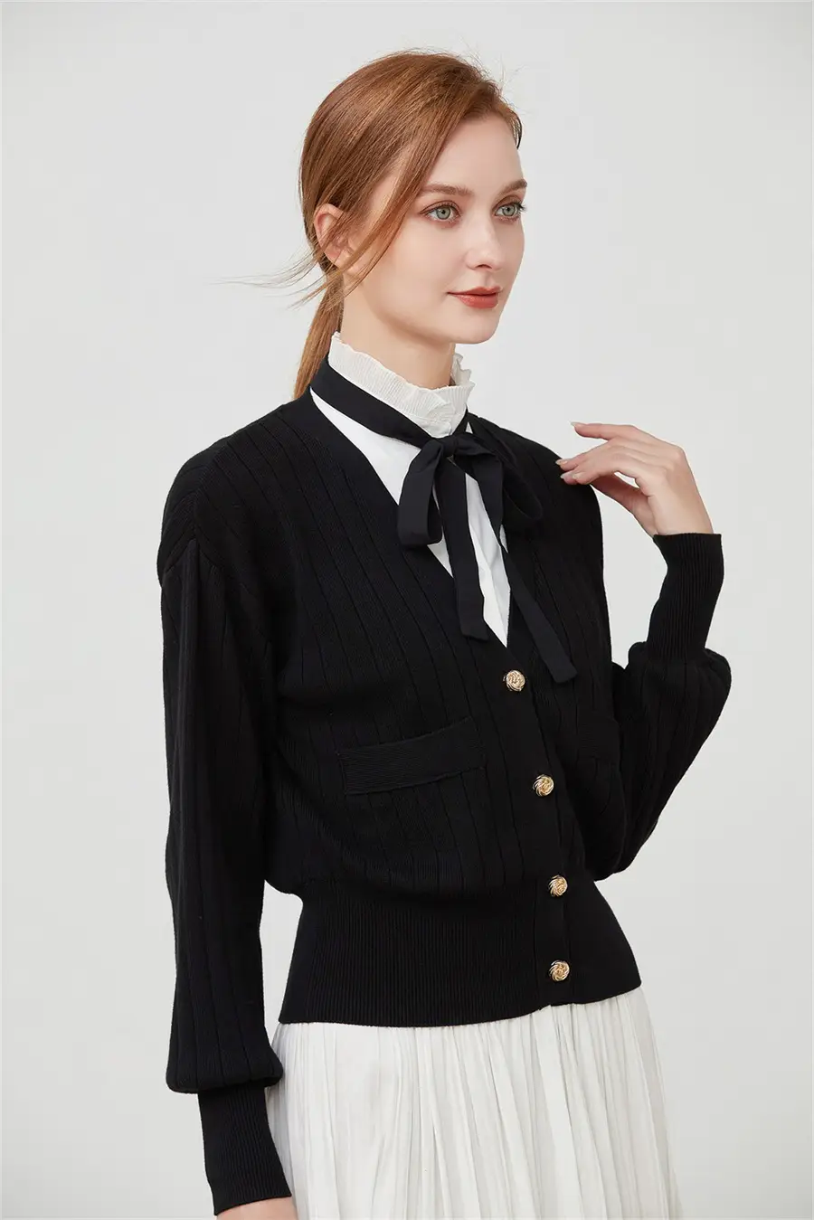 White Cotton Fake Collar Blouse with Black Bow — feature 9