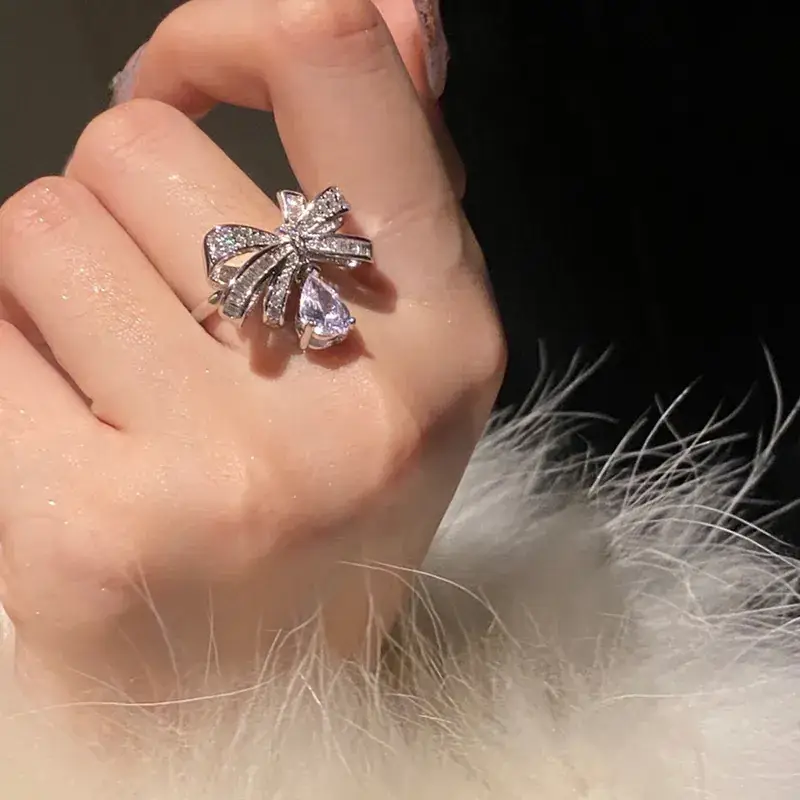 Women's Bowknot Zircon Ring with Flash Diamond Nail Art