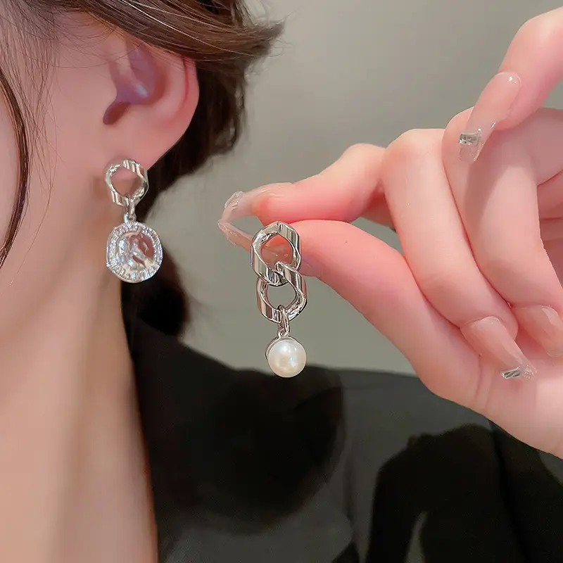 Silver Asymmetric Pearl Earrings for Women - Image 3