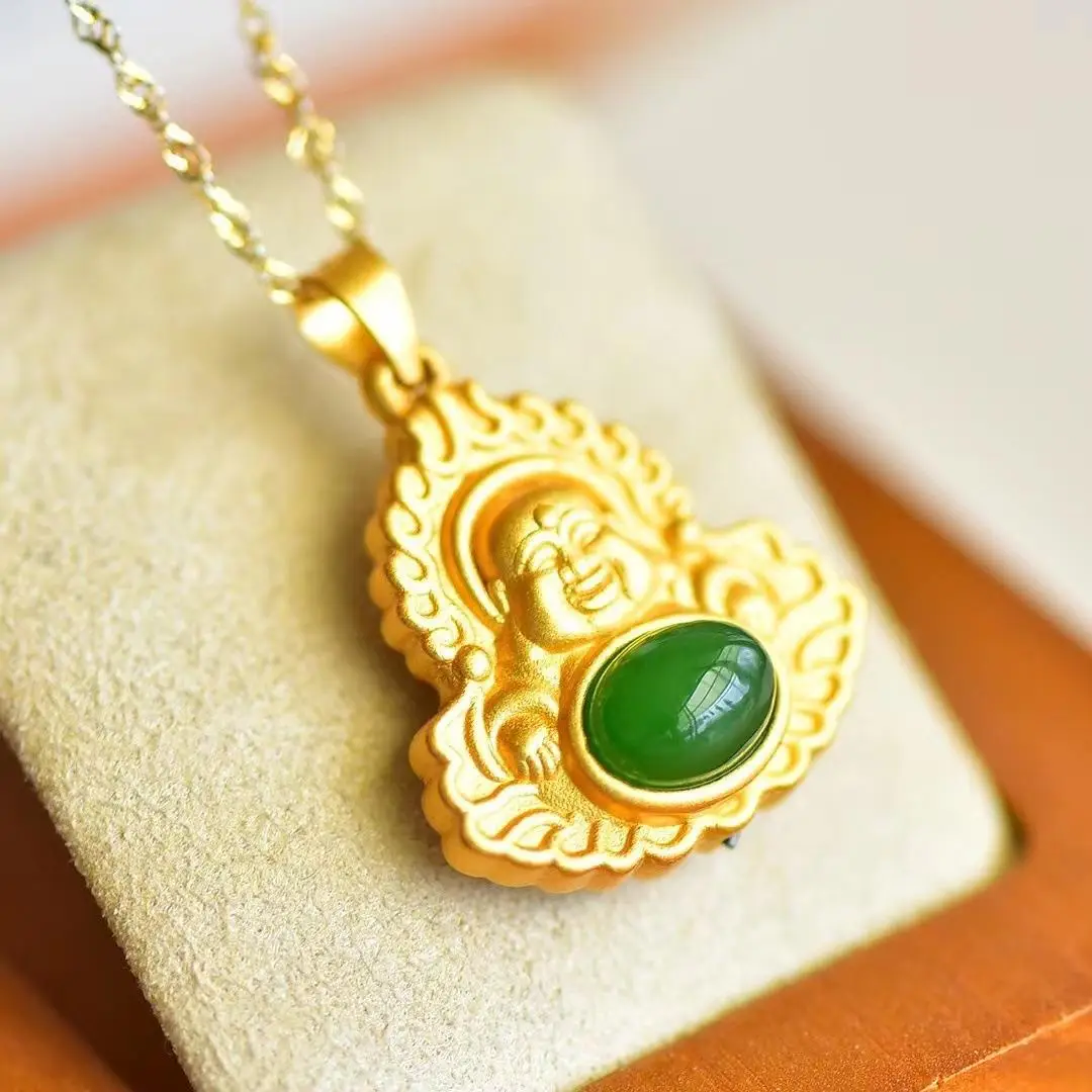 S925 Sterling Silver Buddha Necklace with Green Jade Pendant - Image 4