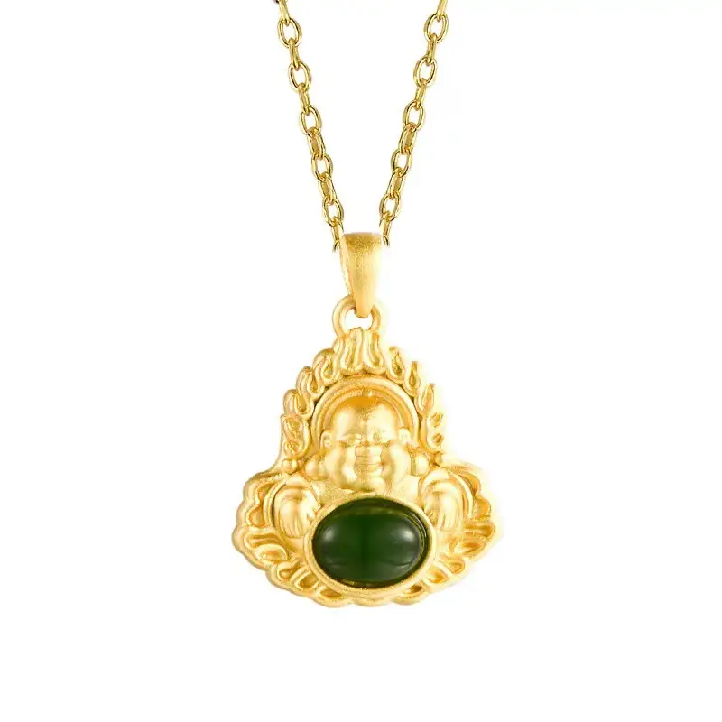 S925 Sterling Silver Buddha Necklace with Green Jade Pendant - Image 2
