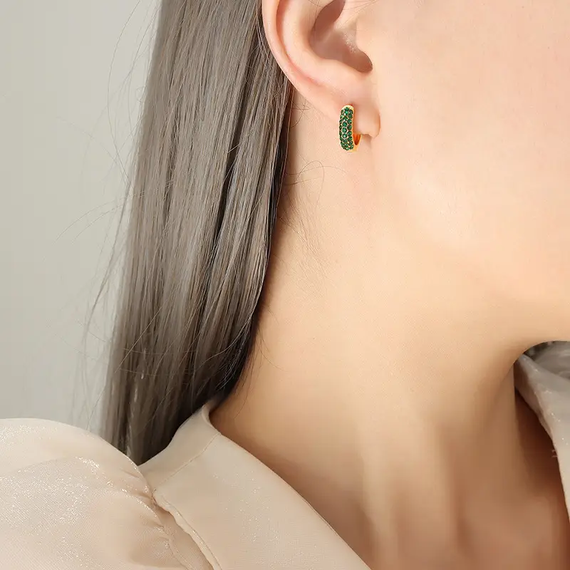 French Niche Metal Cold Wind Earrings Green Zircon Titanium Steel - Image 7