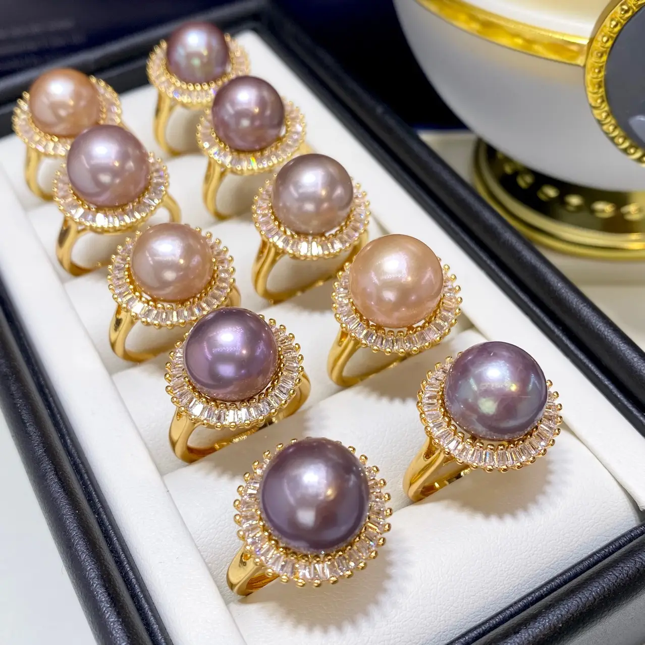 11mm Pink & Purple Pearl Rings for Women 18K Gold - Image 4