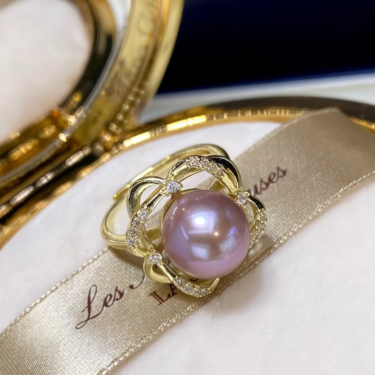 11mm Pink & Purple Pearl Rings for Women 18K Gold - Image 2