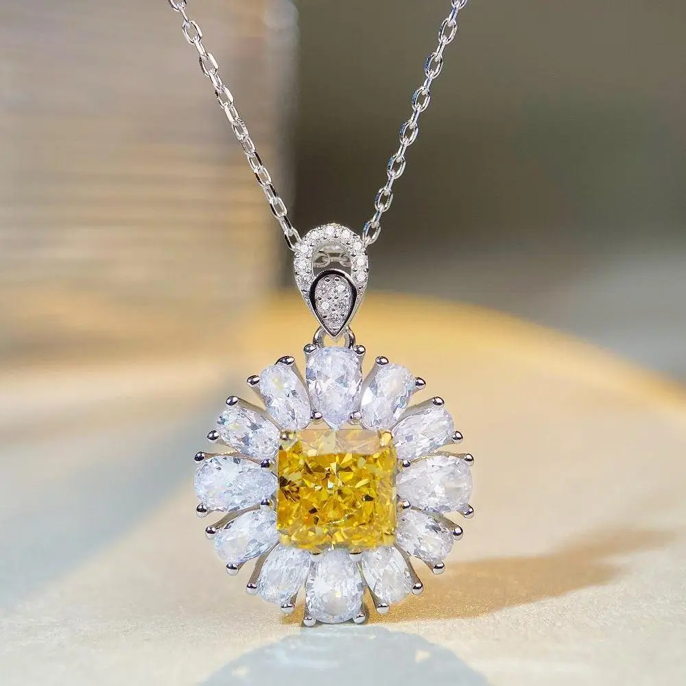 S925 Sterling Silver Full Diamond Yellow Diamond Pendant Necklace