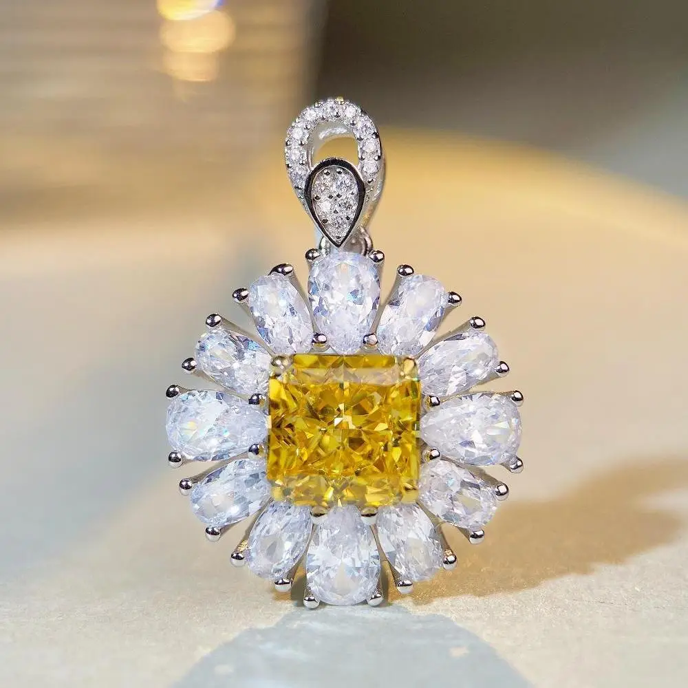 S925 Sterling Silver Full Diamond Yellow Diamond Pendant Necklace
