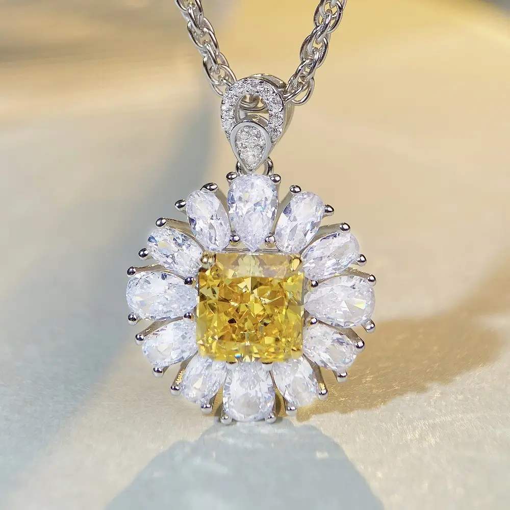S925 Sterling Silver Full Diamond Yellow Diamond Pendant Necklace