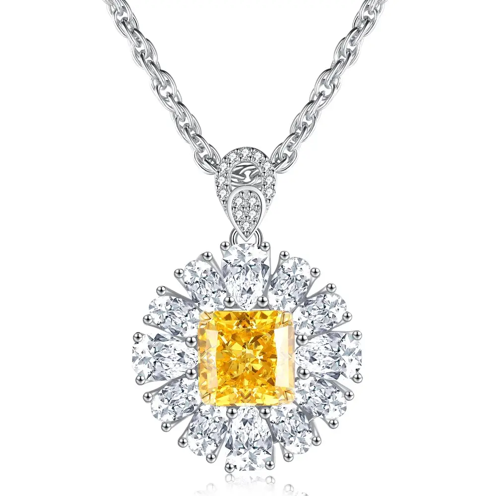 S925 Sterling Silver Full Diamond Yellow Diamond Pendant Necklace