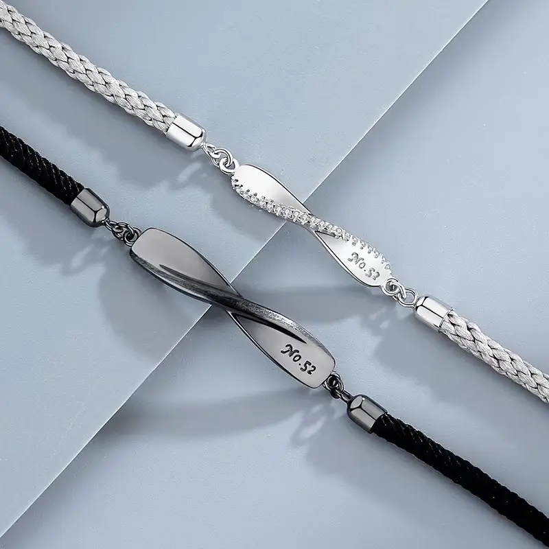 Sterling Silver Couple Bracelet Set Black White Valentine's Gift - Image 5