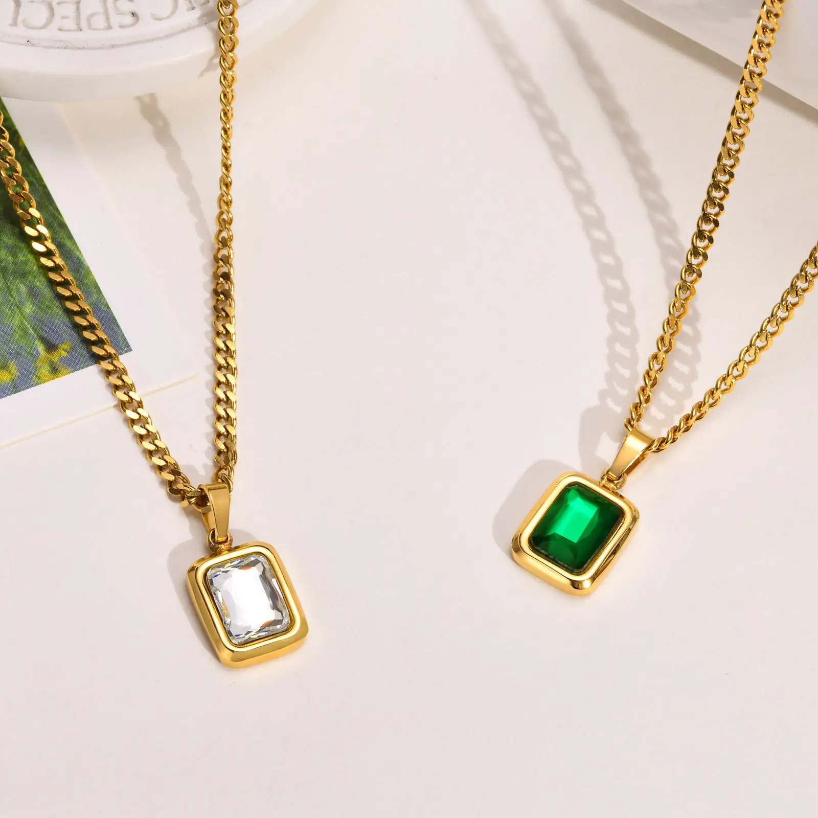 Gold Zircon Necklace Green Square Pendant Women - Image 5