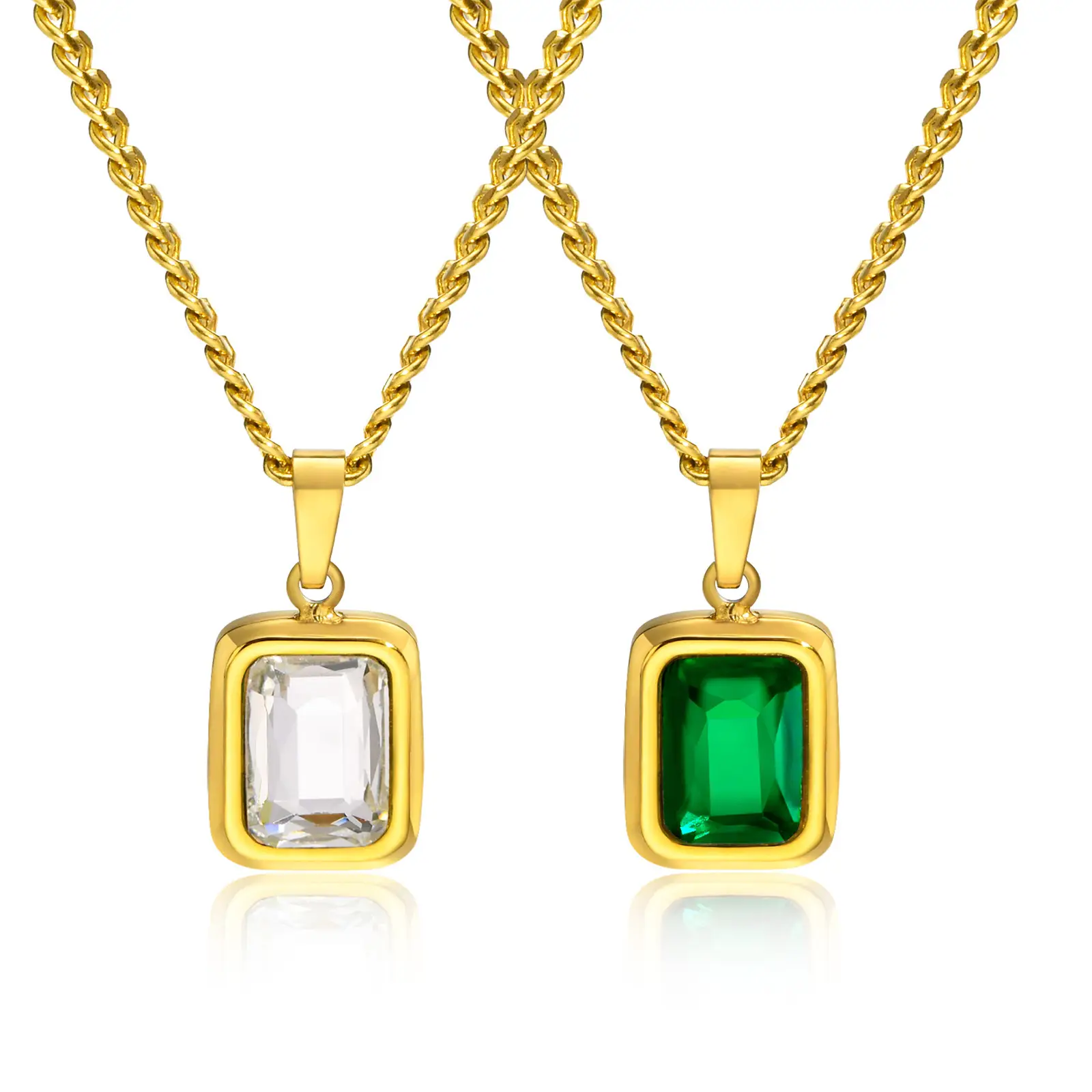 Gold Zircon Necklace Green Square Pendant Women - Image 7