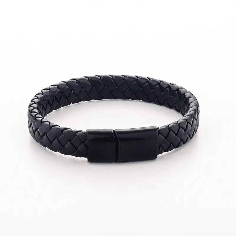 Black Retro Woven Leather Magnet Bracelet for Men - Image 6