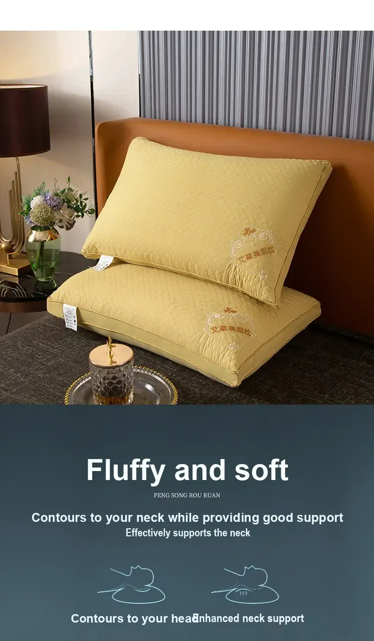 Yellow pillow pair with Chinese text beneath.