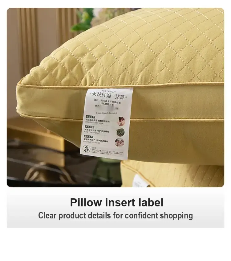 Pillow tag showing printed product information and fabric percentages.
