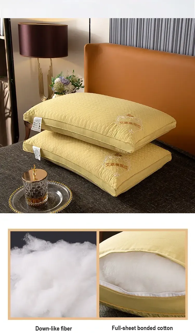 Yellow pillow pair; lower panel begins showing filling and cover details.