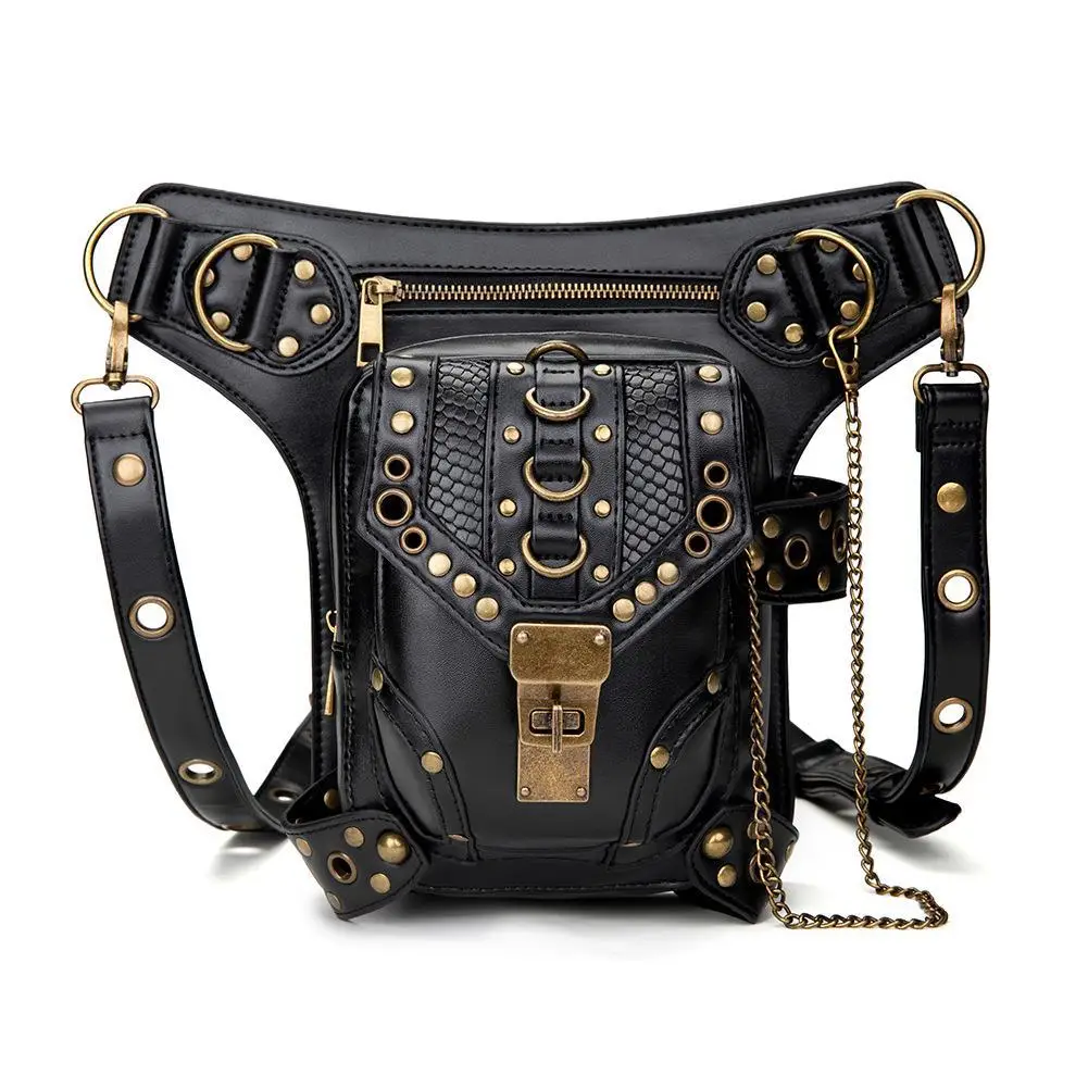 Women's Steampunk Chain Shoulder Bag Black Gold