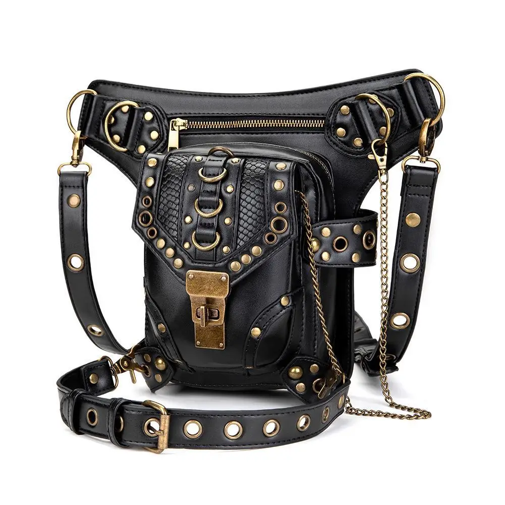 Women's Steampunk Chain Shoulder Bag Black Gold