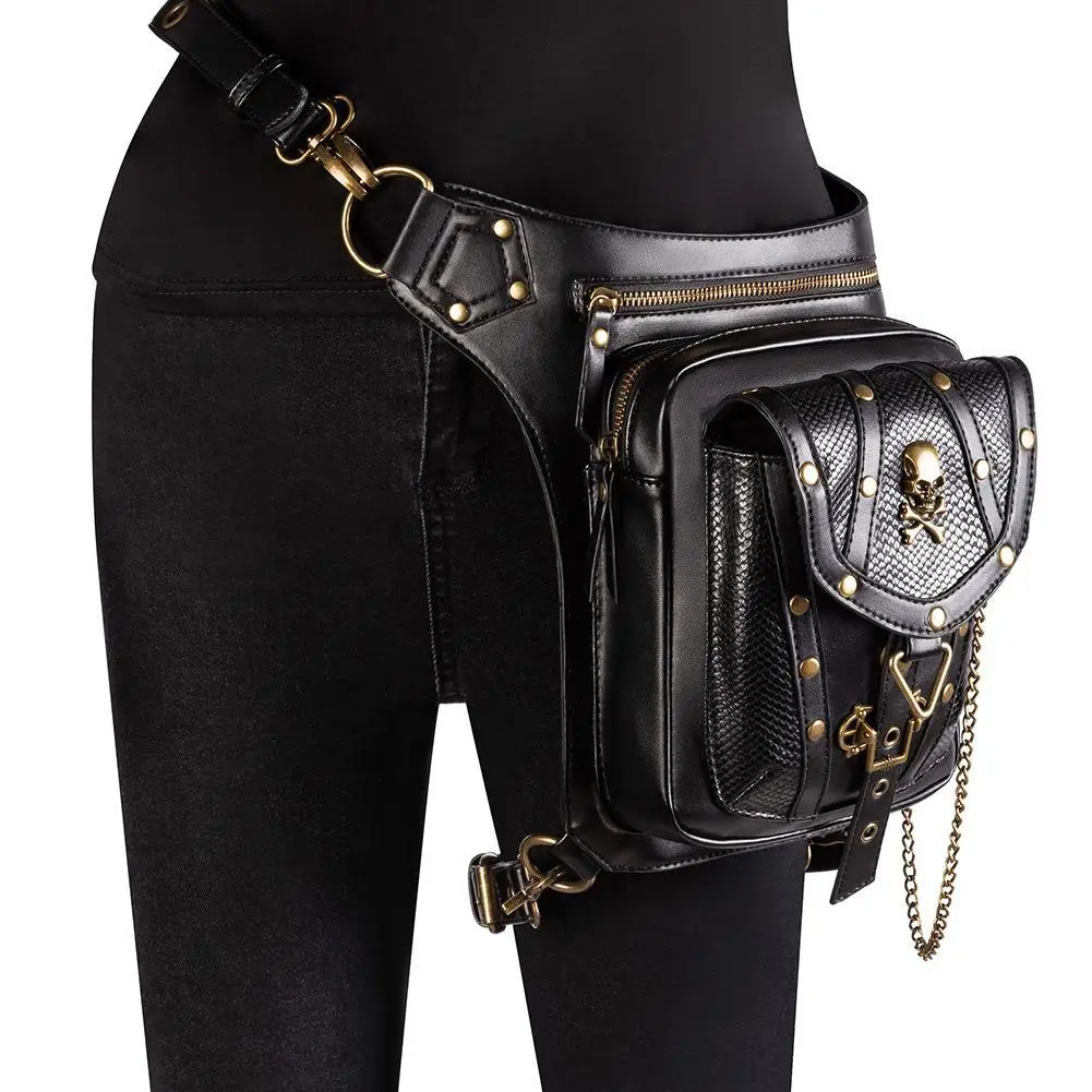 Women's Steampunk Chain Shoulder Bag Black Gold