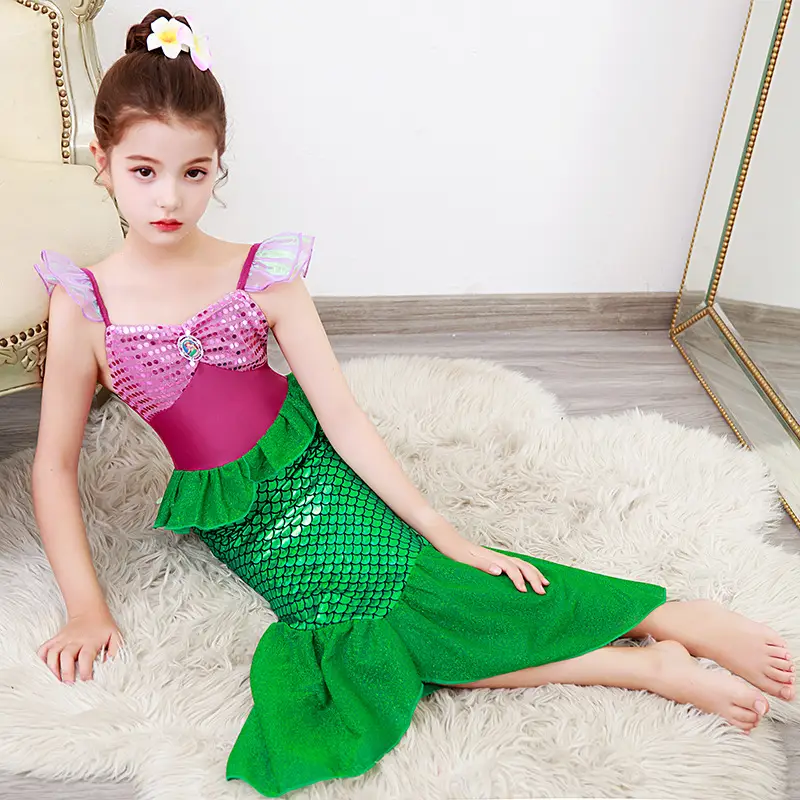 Girls Mermaid Vest Dress Pink Green Sleeveless Princess Dress - Image 3