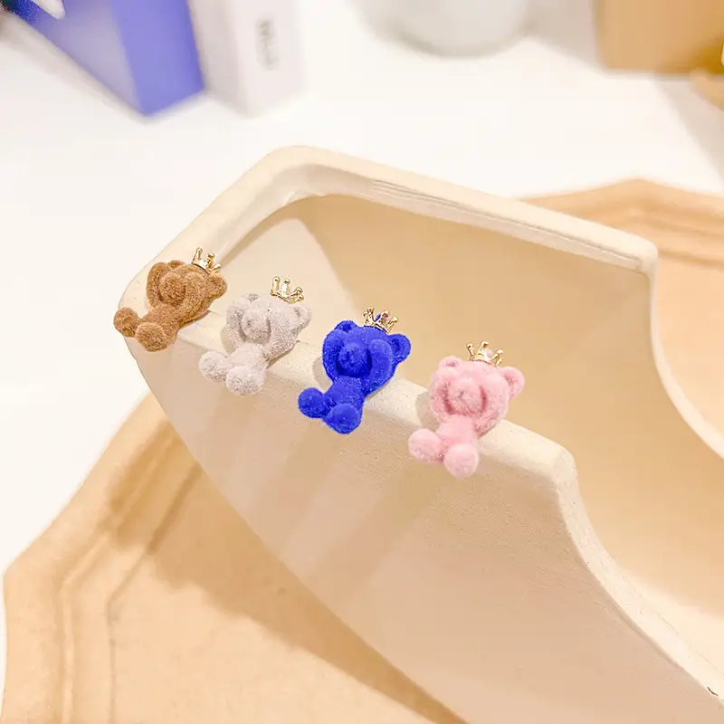 Cute Plush Bear Earrings with Crown Design - Image 3