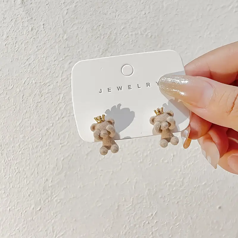 Cute Plush Bear Earrings with Crown Design - Image 4