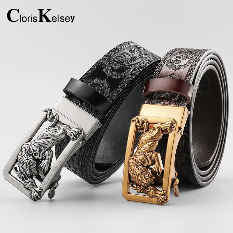 Men's Gold Tiger Carved Leather Belt with Buckle - Image 5