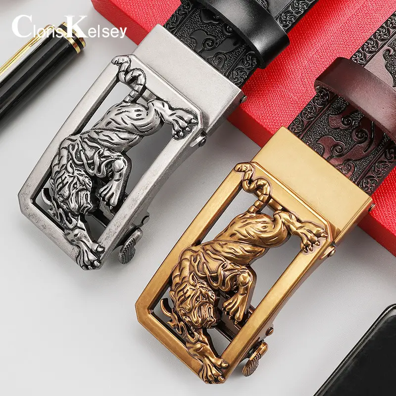 Men's Gold Tiger Carved Leather Belt with Buckle - Image 6