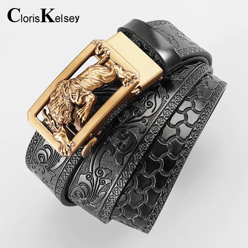 Men's Gold Tiger Carved Leather Belt with Buckle - Image 8