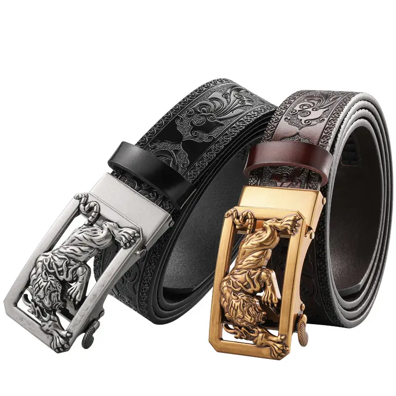 Men's Gold Tiger Carved Leather Belt with Buckle - Image 9