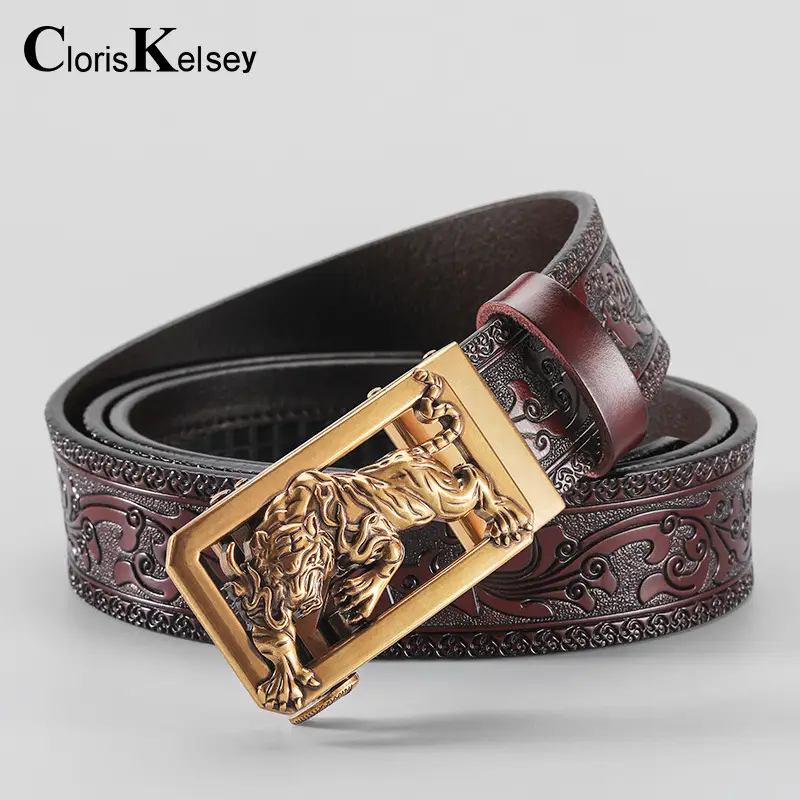 Men's Gold Tiger Carved Leather Belt with Buckle - Image 2