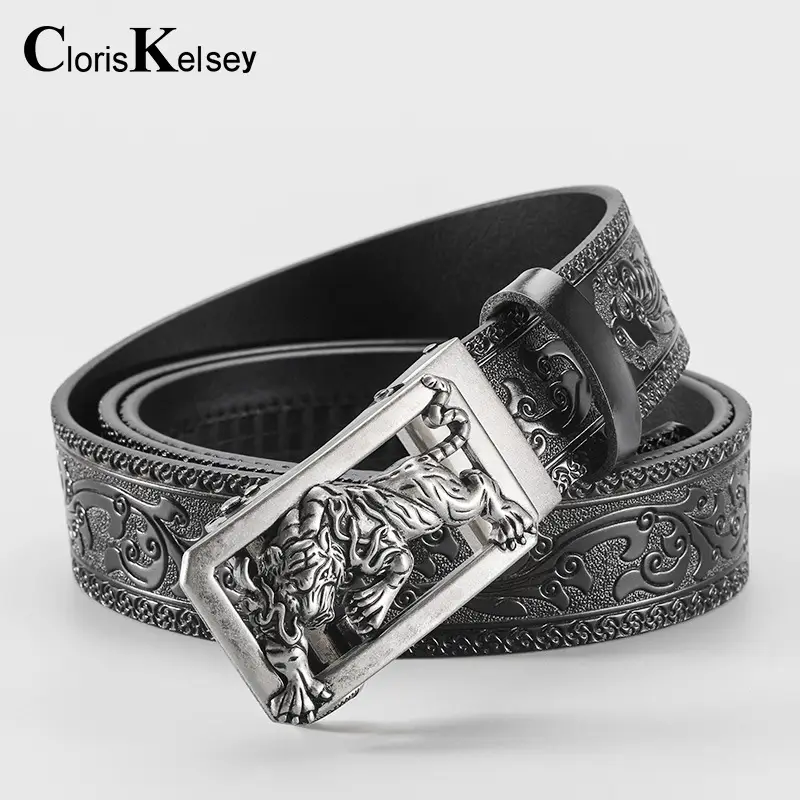 Men's Gold Tiger Carved Leather Belt with Buckle - Image 3