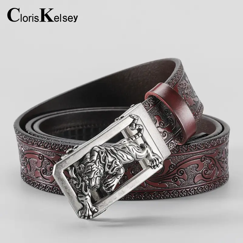 Men's Gold Tiger Carved Leather Belt with Buckle - Image 4