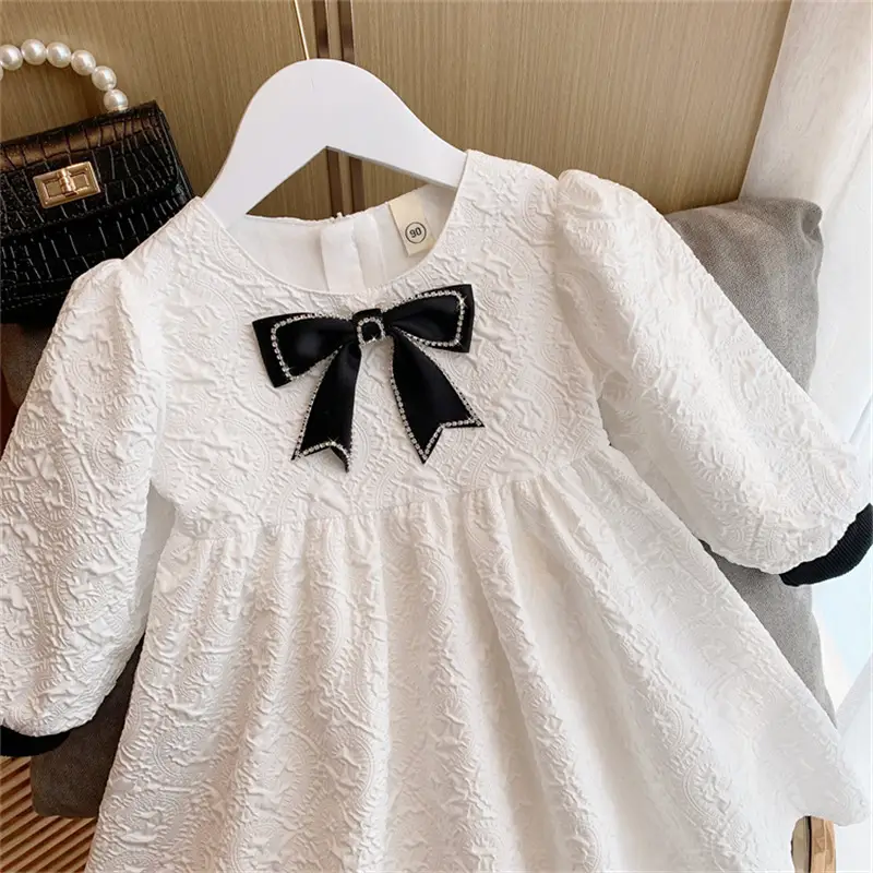 Girls' White Embossed Long-Sleeve Dress with Black Bow - Image 3