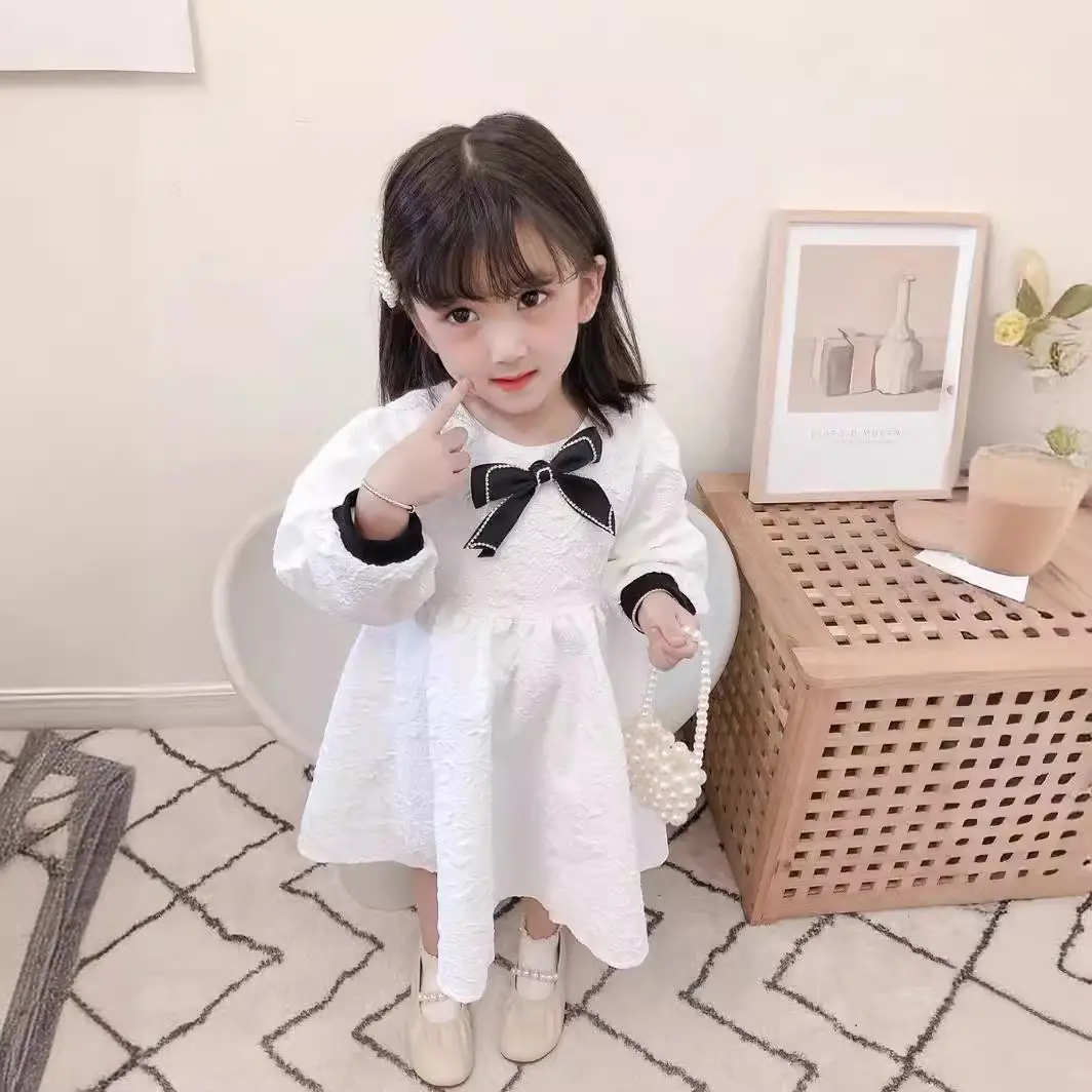 Girls' White Embossed Long-Sleeve Dress with Black Bow - Image 4