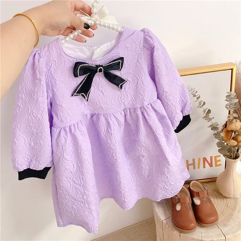 Girls' White Embossed Long-Sleeve Dress with Black Bow - Image 5