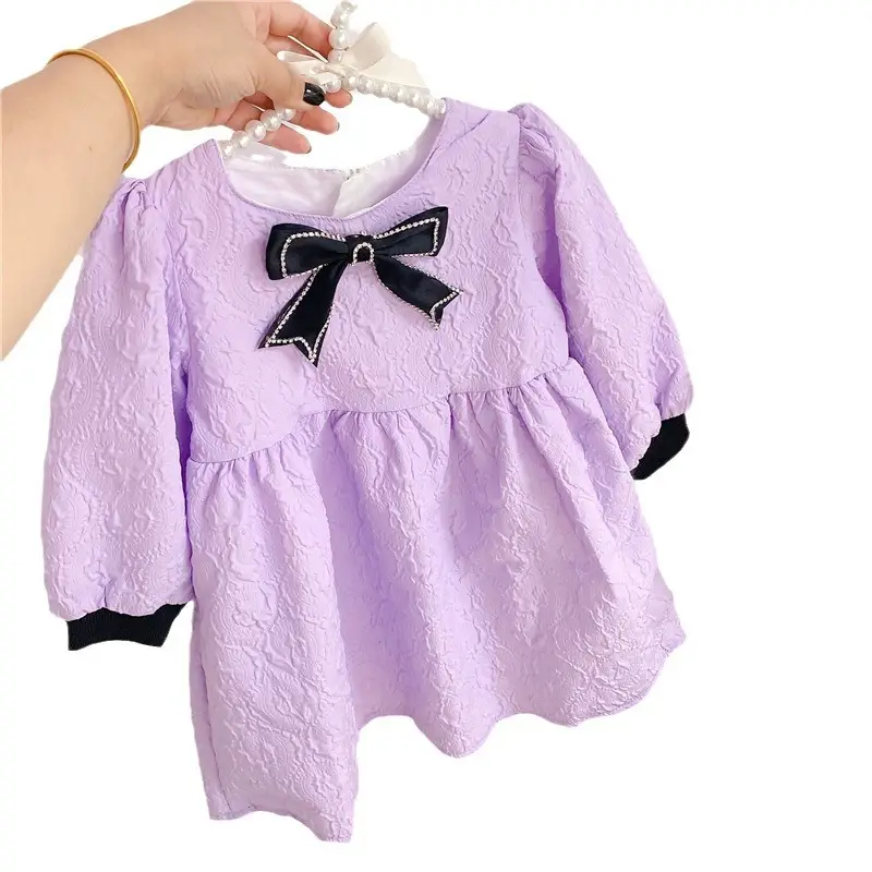 Girls' White Embossed Long-Sleeve Dress with Black Bow - Image 6