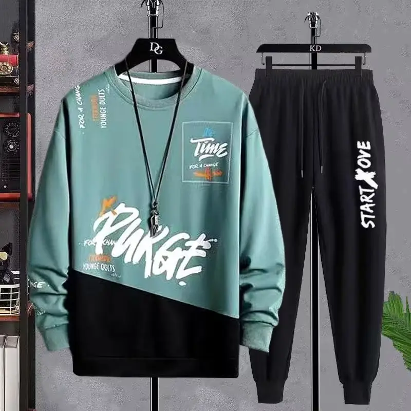Men Graphic Sweatshirt Set Dinosaur Print Teal Black - Image 3
