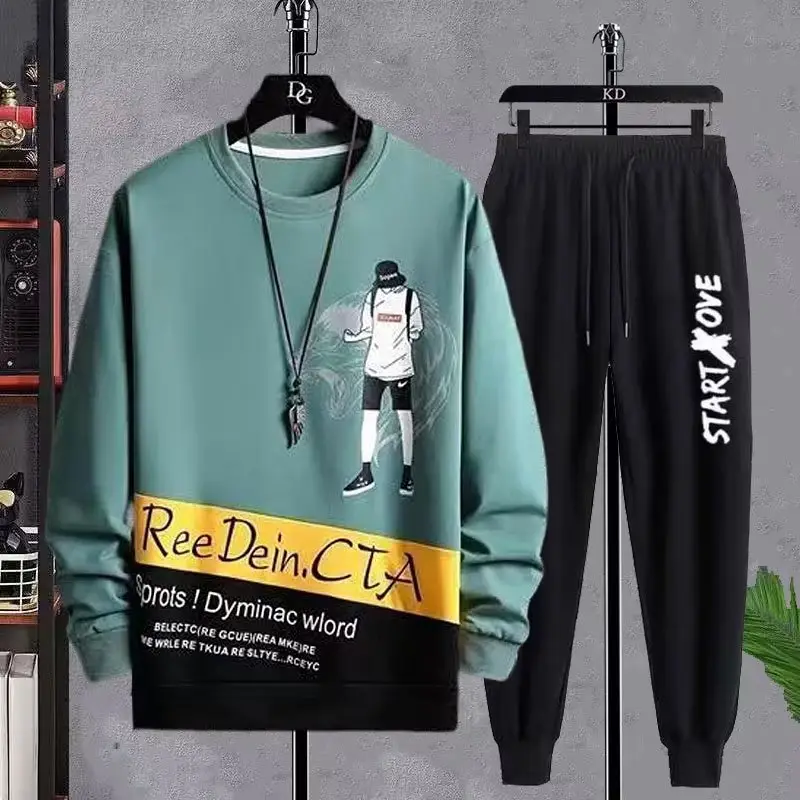 Men Graphic Sweatshirt Set Dinosaur Print Teal Black - Image 6