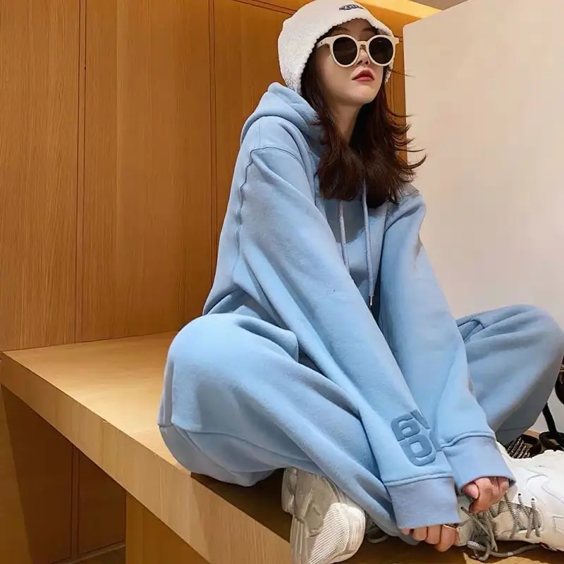Women's Blue Hoodie Set Thick Warm Casual Two Piece