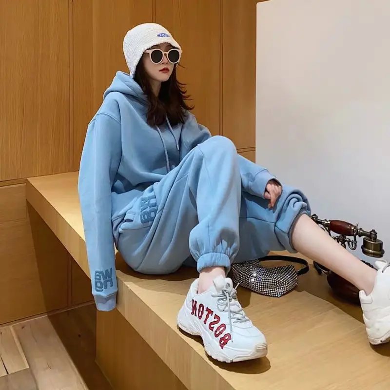 Women's Blue Hoodie Set Thick Warm Casual Two Piece