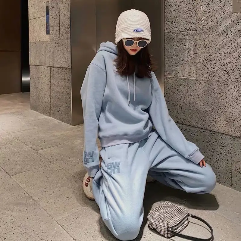 Women's Blue Hoodie Set Thick Warm Casual Two Piece